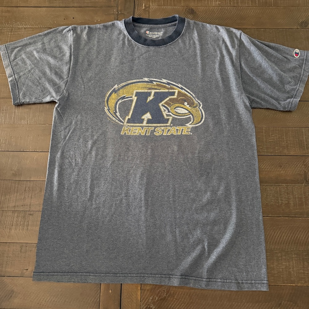 Vintage Champion Kent State Heathered Navy & Gold Crewneck Logo Tee - Large